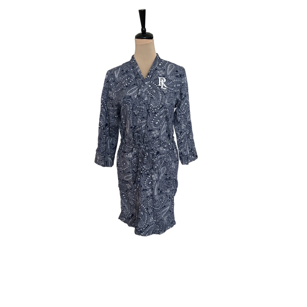 Ralph Lauren Blue Paisley Cotton Terry Lined Robe XS/S Monogrammed Loungewear